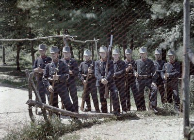 Un gruppo di guardie di confine svizzere dietro una recinzione tra Svizzera e Francia, Dipartimento Haut-Rhin, Alsazia, Francia, 19 giugno 1917 da Paul Castelnau